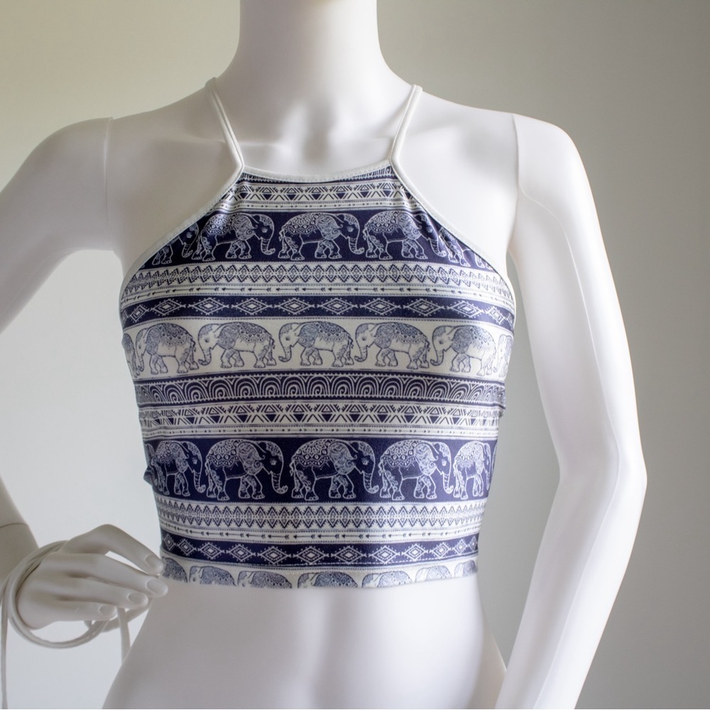 Halter Neck Self-Tie Women's African Elephant Graphic Print Crop Top Size Small - Picture 4 of 7